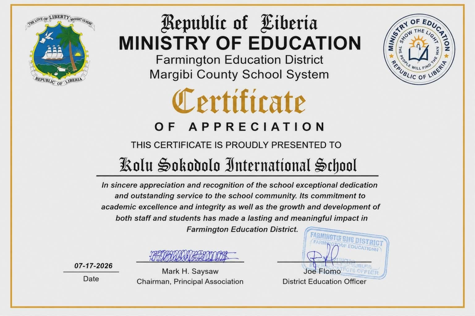 Certificate of Apreciation